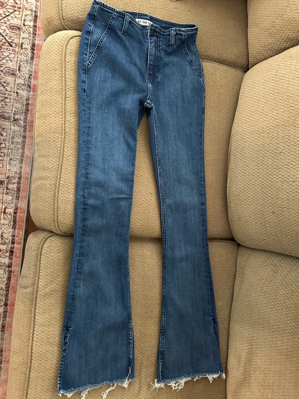 We The Free Blue Denim Flare Jeans with Frayed Hem